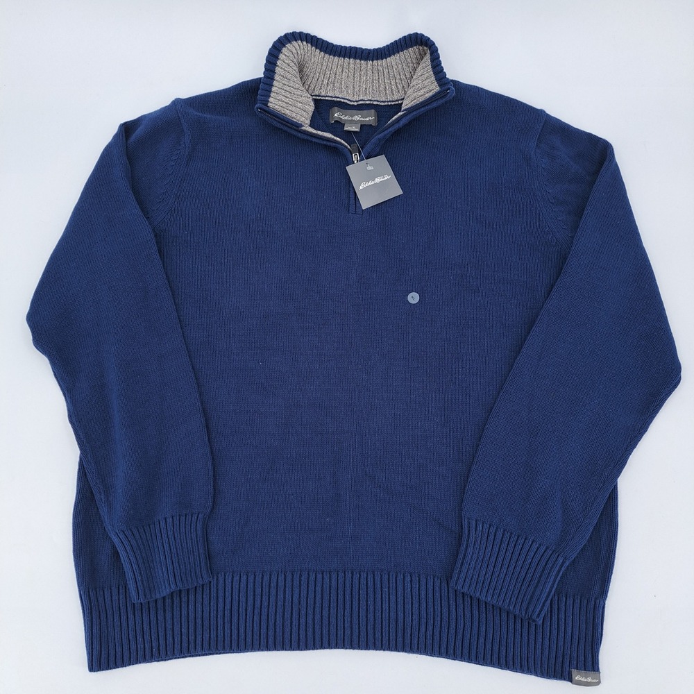 Eddie Bauer Mens XL 1/4 Zip Sweater NWT 100% Cotton Blue Mock Neck Pullover NEW